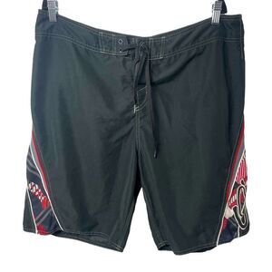 O’Neill Logo Pattern Black Gray Red Swim Trunks Pockets Drawstring size XL